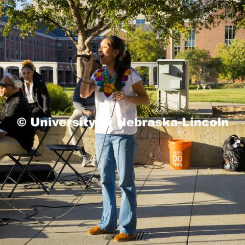 Mariana Hernandez-Moreno, a freshman music education major from Omaha, performs. Fiesta on the green at the Nebraska Union Plaza. Fiesta on the Green is an annual Latino culture and heritage festival. October 5, 2023. Photo by Kristen Labadie / University Communication.